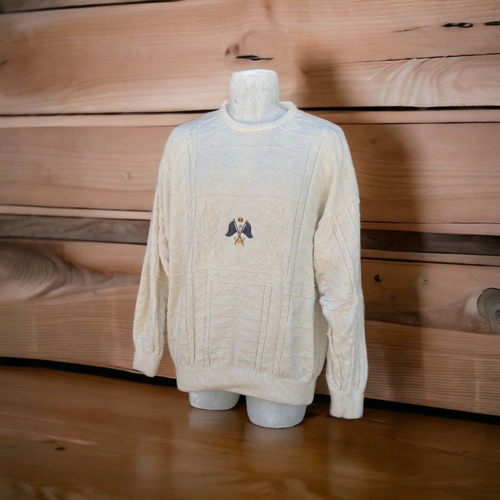 Vintage Mens Le TRICOT MARINE Ireland White Ribbed  cotton Sweater Large Flags